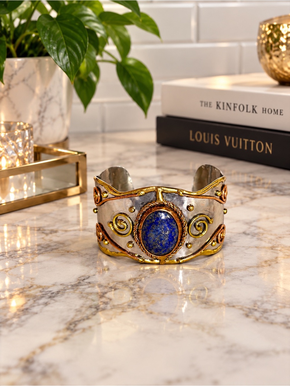 Handcrafted Mixed Metal Cuff Lapis Cuff Bracelet